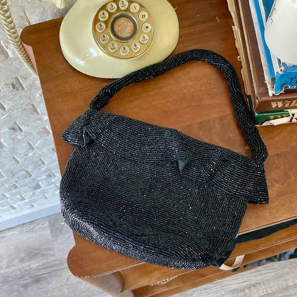 Vintage 1940s Ornately Hand-Beaded Black Sparkly Top Handle Evening Bag - Picture 3 of 13